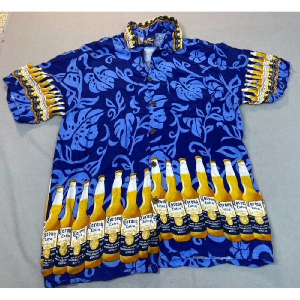 corona extra shirt hawaiian‎ mens Large blue short sleeve Button beach vacation